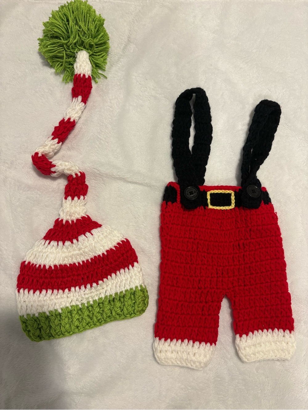 Handmade Red & White Elf Suspenders Costume with Green Pom Hat